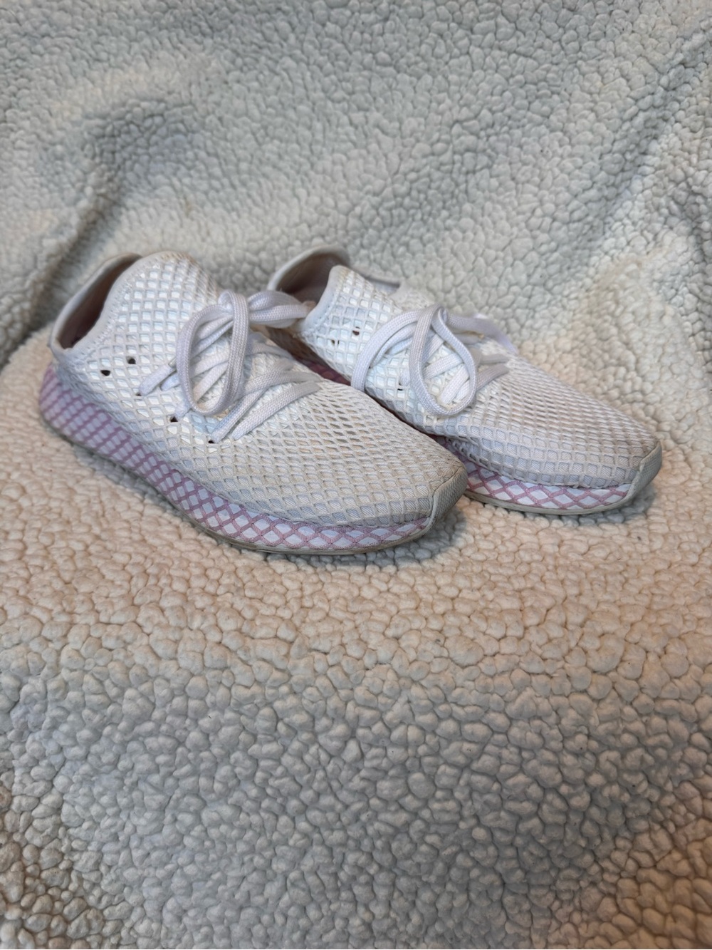 adidas Women’s White Mesh Athletic Sneakers with Pink Trim